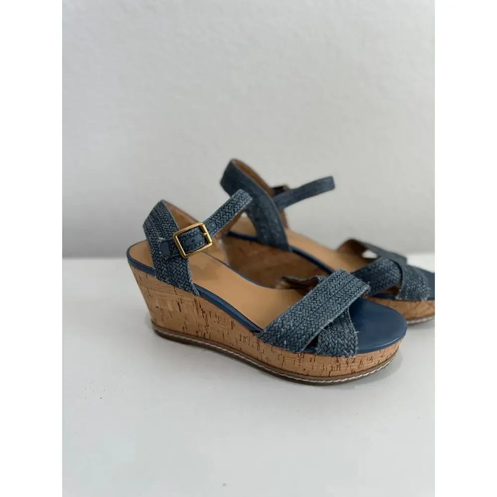 Franco Sarto Cara Espadrille Wedge Mary Jane Sandals Blue Woven 6.5M
